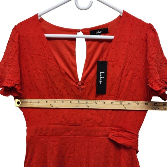 Lulus Red Wrap dress ruffle Knot Tie Sleeves Waist Tie Lined Bodice Size Medium - Picture 4 of 13